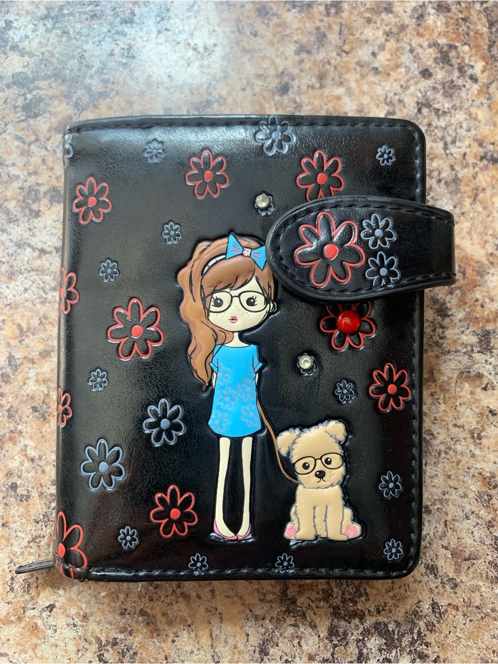 Shag Wear Black Floral Cartoon Wallet with Blue Dress Motif